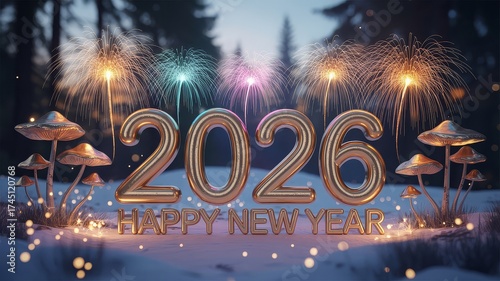 Golden 2026 Happy New Year text and numbers with colorful fireworks exploding over a snowy winter forest scene adorned with sparkling lights and metallic mushrooms.
