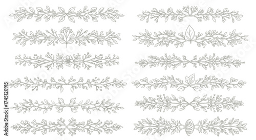Six floral divider designs, featuring delicate leaves and branches, arranged horizontally in a symmetrical pattern.