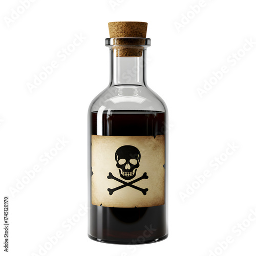 Vintage glass poison bottle with cork lid and skull and crossbones label. Ideal for Halloween, apothecary, or spooky design themes. Isolated on white or transparent background. PNG format.