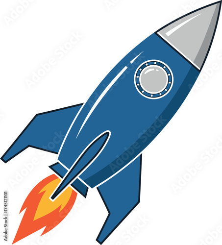 Blue cartoon rocket ship blasting off with fire