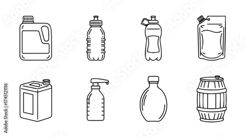 Set of various containers and bottles hand drawn style icons for storage and liquids vector
