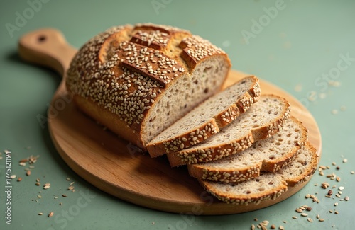 Sliced whole grain bread with sesame seeds on round wooden cutting board. Freshly baked loaf cut into slices, placed on green background. Sesame seeds scattered around cutting board. Homemade bread
