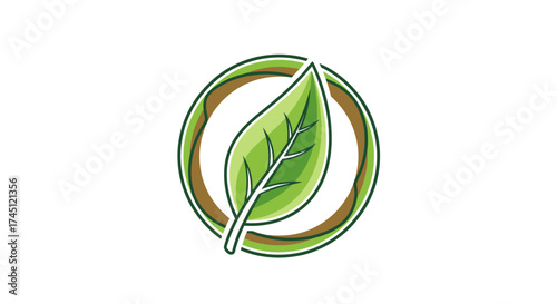 A stylized green leaf design enclosed within a brown and green circular frame.
