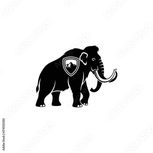 A stylized black silhouette of a mammoth with a shield emblem on its side and large tusks