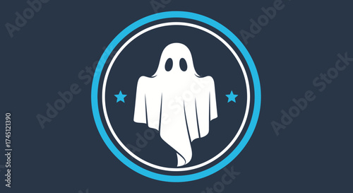 A stylized ghost illustration within a circular emblem, with stars.