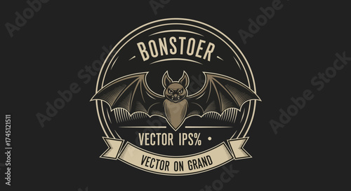 A vintage-styled emblem featuring a bat with outstretched wings, text in a circle and banner.