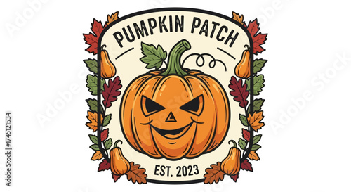 A cheerful pumpkin with a smiling face, surrounded by autumn leaves, advertising a patch.