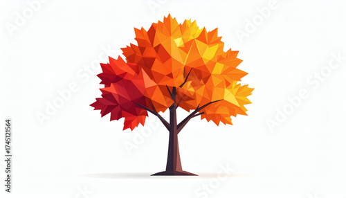 Polygonal maple tree with red and orange polygon leaves on a white background showcasing geometric nature design, modern 3D autumn tree illustration, and minimalist digital art style