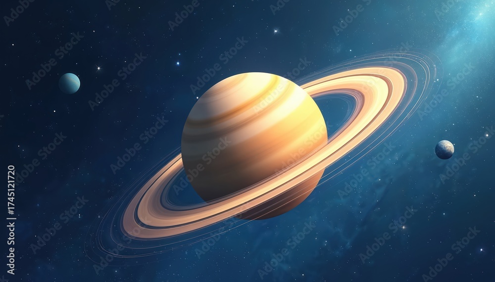 Naklejka premium Illustration of Saturn in space with rings and other planets in cosmic background. Digital art features celestial elements ideal for space exploration and astrology themes.