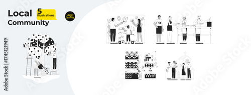 Local community volunteering and gardening outline illustrations mega bundle. Painting mural. Soup kitchen. Harvesting, church 2D linear images isolated. Collection black and white vector drawings