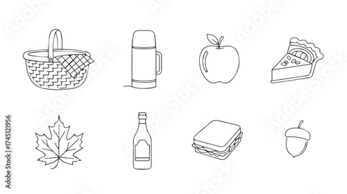 Whimsical hand drawn autumn harvest elements basket apple pie acorn maple leaf bottle vector