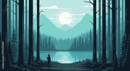 A serene landscape depicts a person walking towards a tranquil lake surrounded by trees and mountains.