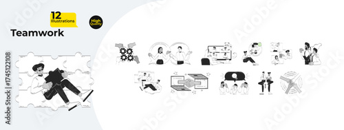 Business teamwork and online collaboration doodle outline illustrations mega bundle. Office team cooperation. Diverse remote workers 2D linear images. Collection black and white vector hand-drawn