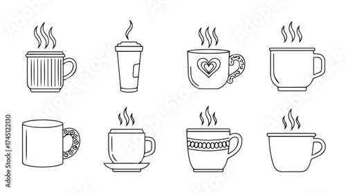 Collection of hand drawn coffee cups and steaming mugs with different designs and styles vector