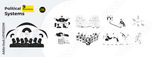 Political systems and authority outline illustrations mega bundle. Election, military regime, propaganda, monarchy, socialism 2D linear images isolated. Collection black and white vector drawings