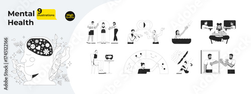 Mental health and emotional awareness outline illustrations mega bundle. Setting boundaries, cyber bullying. Psychology EQ 2D linear images isolated. Collection black and white vector drawings