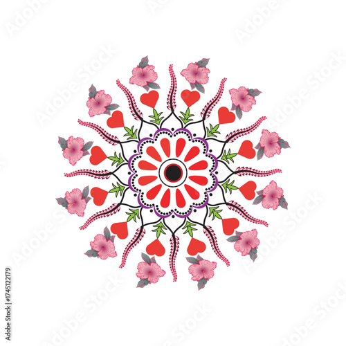 Romantic Decorative Mandala Pattern with Red Hearts and Pink Flowers