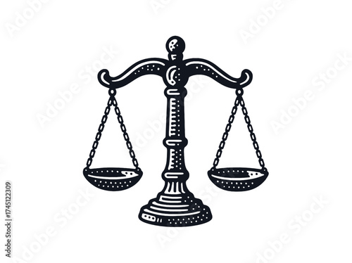 Scales of justice engraving style black on white vector illustration