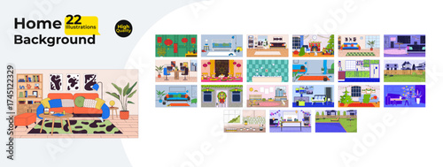 Cozy home and interior backgrounds cartoon flat illustrations mega bundle. Living room, kitchen, nursery, bathroom, holiday decor 2D images isolated on white. Collection vector drawings colorful
