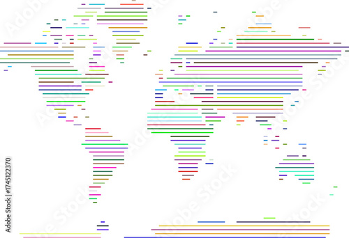 Horizontal line shape vector world map.  An artistic approach to geography in horizontal line shape world map in a halftone style. Continents and countries for a unique background or design.