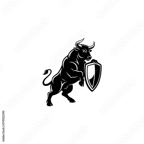 A stylized black silhouette of a bull rearing up, holding a shield against a white backdrop
