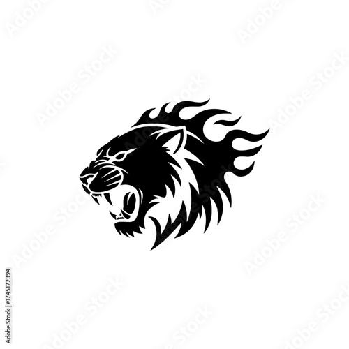 Silhouette of an enraged lion's head, featuring flames