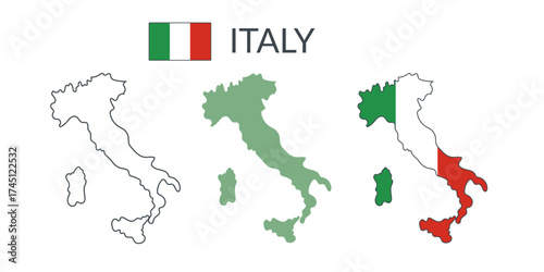 Italy country geographical borders isolated on white background. Flag of Italy. Vector flat cliparts.	
