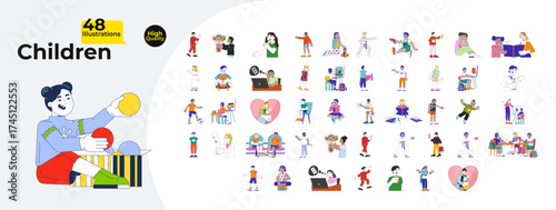 Diverse children activities and education cartoon flat illustrations mega bundle. Kids learning, playing, reading, drawing, doing sports 2D images isolated. Collection vector drawings colorful