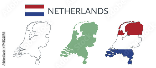 Netherlands country geographical borders isolated on white background. Flag of Netherlands. Vector flat cliparts.	