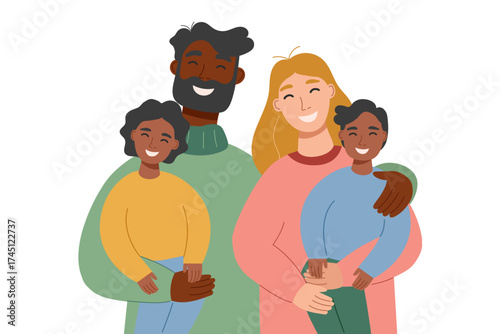 Illustration of multiracial family with two children isolated on white background. Father, mother, daughter, son. Family concept. Vector flat clipart.