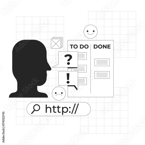 To do list line onboarding ui illustration. Kanban board. Web search bar, mood, reminder. Productivity, task management, workflow app outline 2D concept isolated. Ink linear metaphor vector art