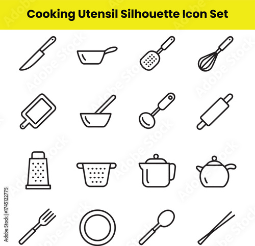 Kitchen Utensils Outline Icon Set Cooking Tools Knife, Pan, Whisk, Plate, and More