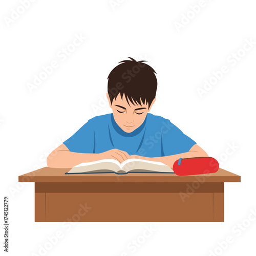 A young boy wearing a blue t-shirt is deeply engrossed in reading a book at his desk.