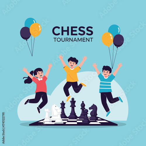 Excited children celebrating a successful chess tournament victory with colorful balloons.