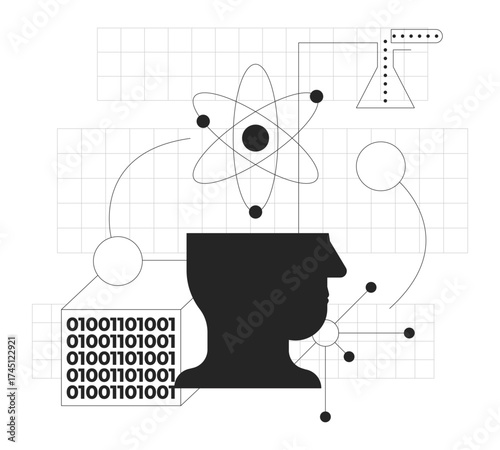Data science line onboarding ui illustration. Physics education, laboratory research. Scientific head silhouette with AI and binary code outline 2D concept isolated. Ink linear metaphor vector art