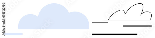 Blue filled cloud and outlined cloud with linear accents evoke duality, balance, and creativity. Ideal for weather, technology, simplicity, contrast, modernity environment soft aesthetics. A simple