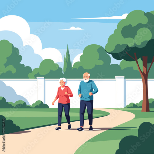 An older couple enjoys a peaceful walk together on a sunny day through a scenic park.