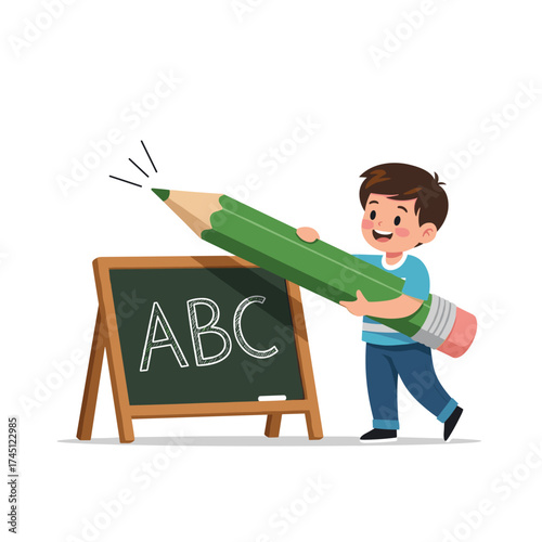 A young boy joyfully uses a large green pencil to draw ABCs on a blackboard educational concept.