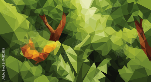 Abstract polygonal illustration of a forest scene with trees and foliage in shades of green and brown.