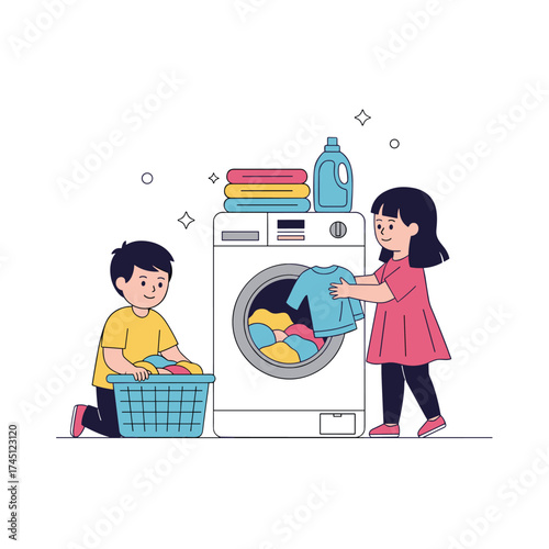 Children helping with laundry and chores around the house.