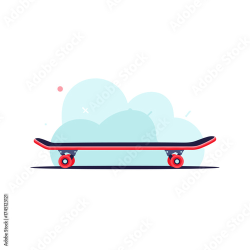 A modern skateboard with red wheels and a black deck sits on a white background with stylized blue clouds.
