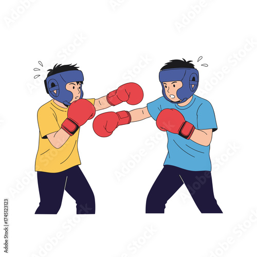 Two young boys wearing headgear and boxing gloves competing in a match.