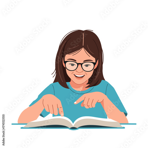 A young girl with glasses happily reads a book pointing at the pages.