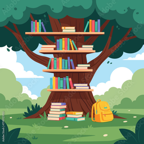 An outdoor library nestled within the branches of a large tree with a yellow backpack nearby.