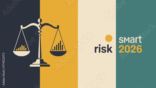 Illustration of scales with bar graphs and smart risk text on a color block background design theme