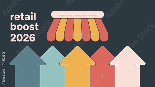 Illustration showing retail boost with arrows and awning on a dark background in a simple style