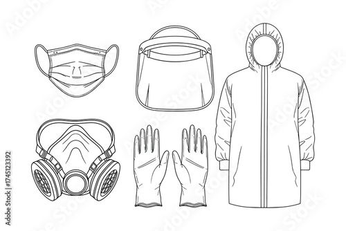 Collection of protective medical equipment, including mask, shield, suit, and gloves line art