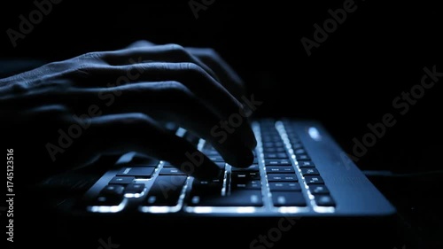 In a dark room a hacker's or programmer's hands are illuminated by the blue light of a backlit laptop keyboard as they type code or breach a system

