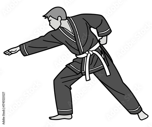 Martial Artist in Action Pose Wearing Black Gi – Vector Illustration.
