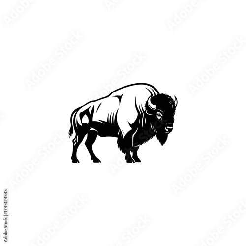 Black and white side profile of a bison, with a heavy build and a shaggy mane